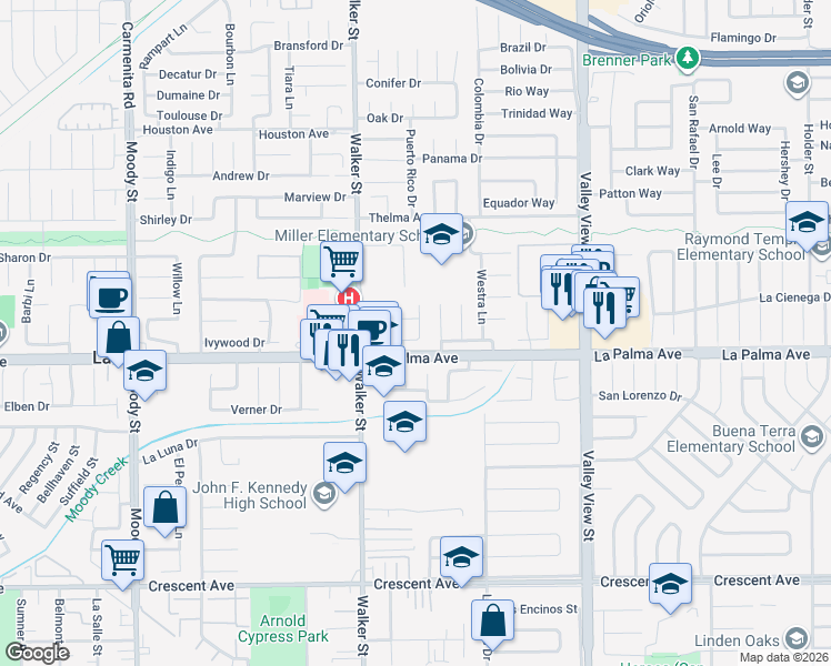 map of restaurants, bars, coffee shops, grocery stores, and more near 5612 Maplewood Avenue in La Palma