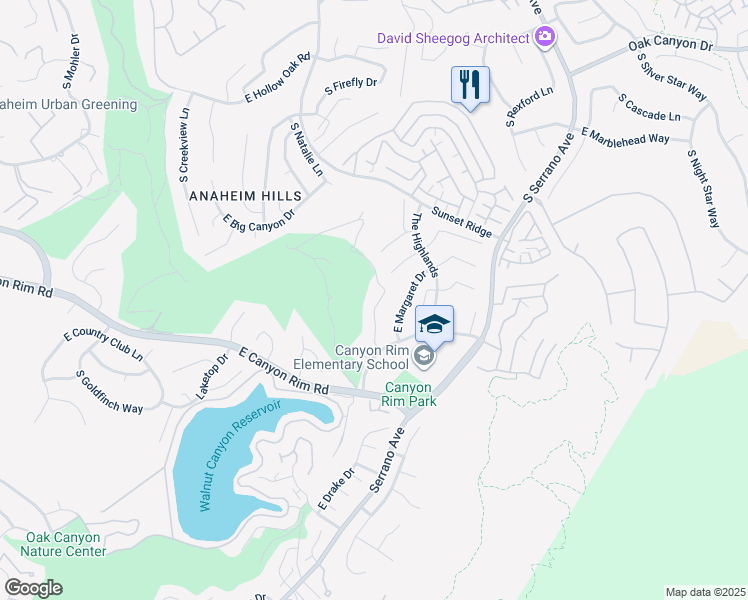 map of restaurants, bars, coffee shops, grocery stores, and more near 1023 South Mountvale Court in Anaheim
