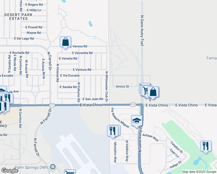 map of restaurants, bars, coffee shops, grocery stores, and more near 2030 North Whitewater Club Drive in Palm Springs
