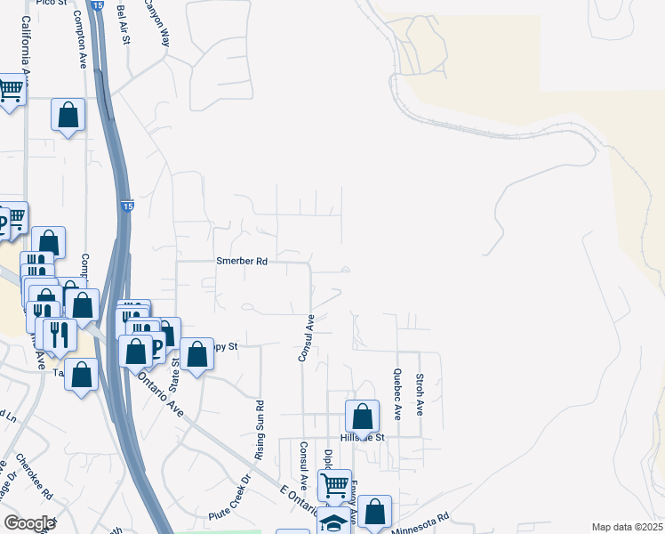 map of restaurants, bars, coffee shops, grocery stores, and more near 7660 Smerber Road in Corona