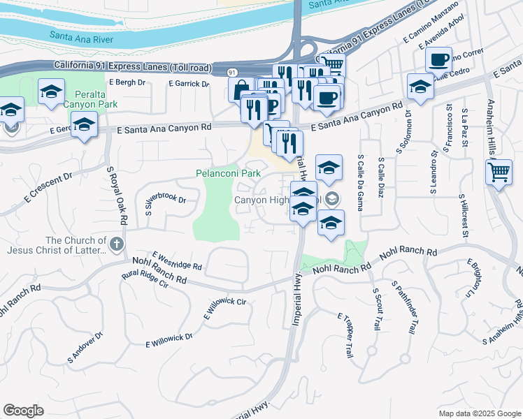 map of restaurants, bars, coffee shops, grocery stores, and more near 248 Vista Del Monte in Anaheim