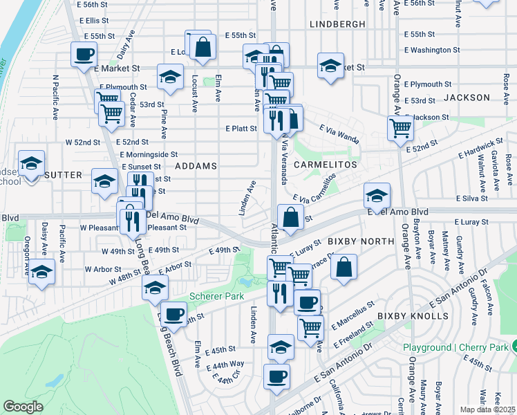 map of restaurants, bars, coffee shops, grocery stores, and more near 5044 Linden Avenue in Long Beach