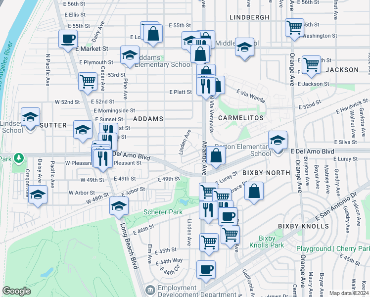 map of restaurants, bars, coffee shops, grocery stores, and more near 5044 Linden Avenue in Long Beach