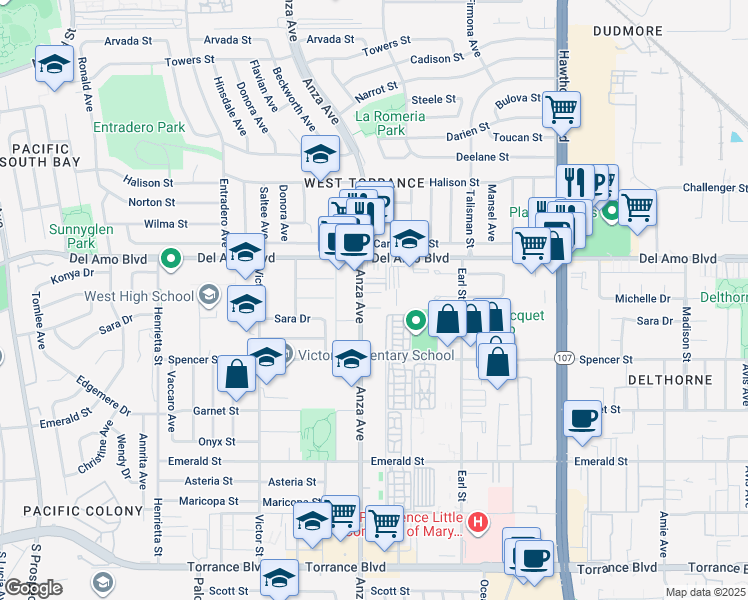 map of restaurants, bars, coffee shops, grocery stores, and more near 20346 Anza Avenue in Torrance