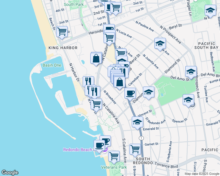 map of restaurants, bars, coffee shops, grocery stores, and more near 220 Beryl Street in Redondo Beach