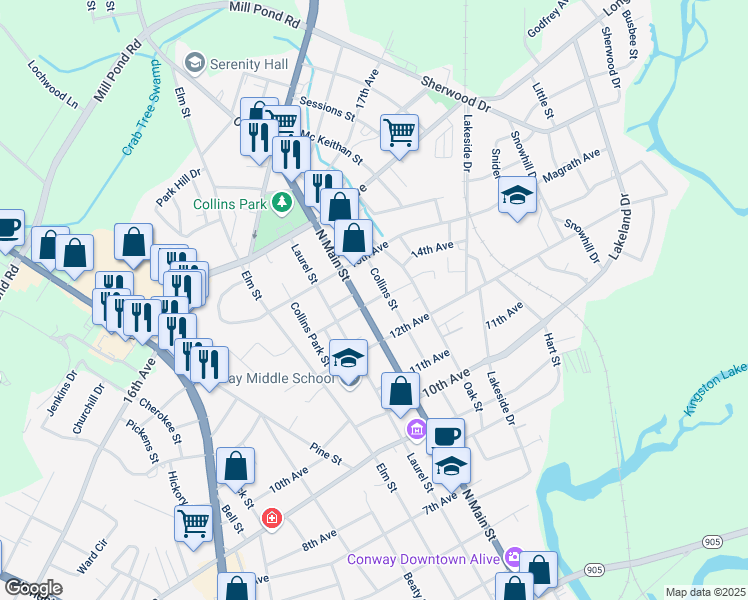 map of restaurants, bars, coffee shops, grocery stores, and more near 1301 Collins Street in Conway
