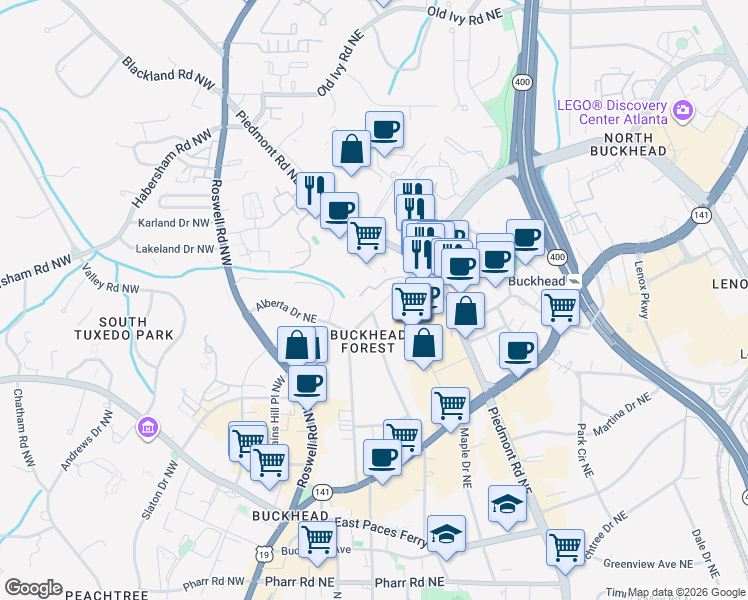map of restaurants, bars, coffee shops, grocery stores, and more near 3366 Mathieson Drive Northeast in Atlanta