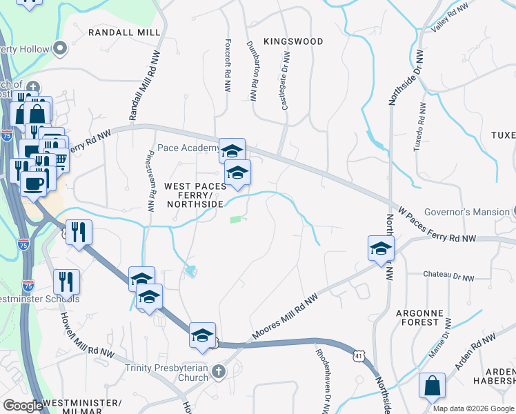 map of restaurants, bars, coffee shops, grocery stores, and more near 3374 Wood Valley Road Northwest in Atlanta