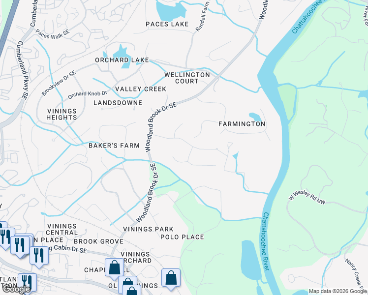 map of restaurants, bars, coffee shops, grocery stores, and more near 2880 Bakers Farm Road Southeast in Atlanta