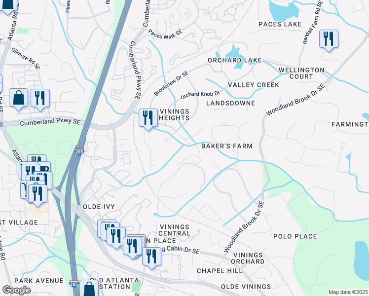 map of restaurants, bars, coffee shops, grocery stores, and more near 4408 Brookview Drive Southeast in Atlanta
