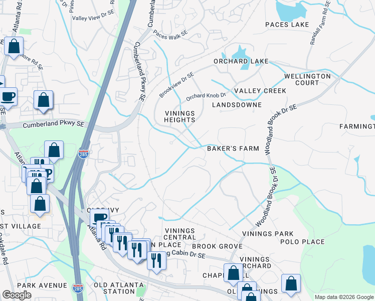 map of restaurants, bars, coffee shops, grocery stores, and more near 4355 Orchard Run Southeast in Atlanta