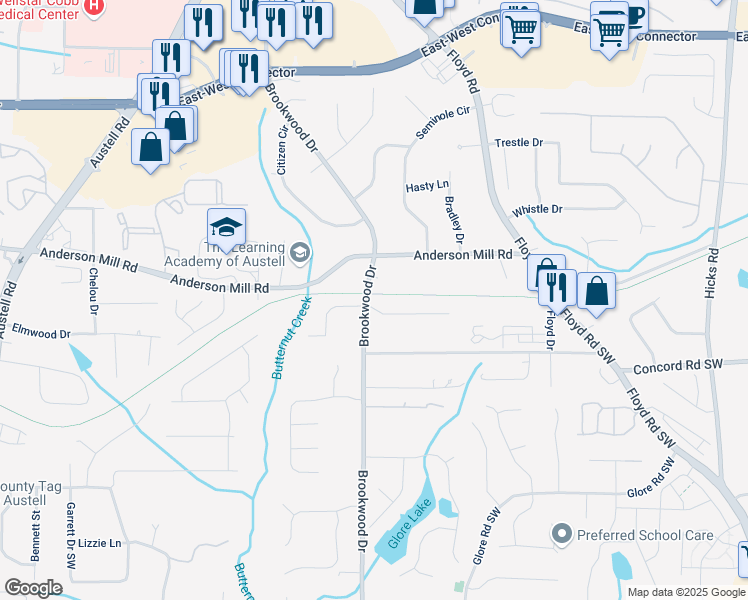map of restaurants, bars, coffee shops, grocery stores, and more near 4341 Brookwood Drive in Austell