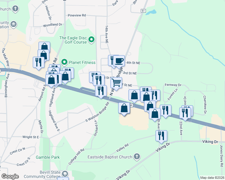map of restaurants, bars, coffee shops, grocery stores, and more near 86 North Walston Bridge Road in Jasper
