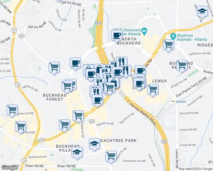 map of restaurants, bars, coffee shops, grocery stores, and more near 3344 Peachtree Road in Atlanta