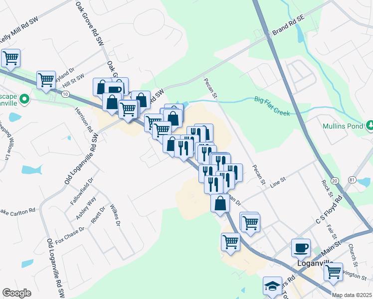 map of restaurants, bars, coffee shops, grocery stores, and more near 4064 Atlanta Highway in Loganville