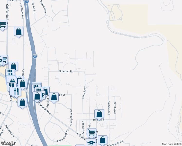 map of restaurants, bars, coffee shops, grocery stores, and more near 18764 Consul Avenue in Corona