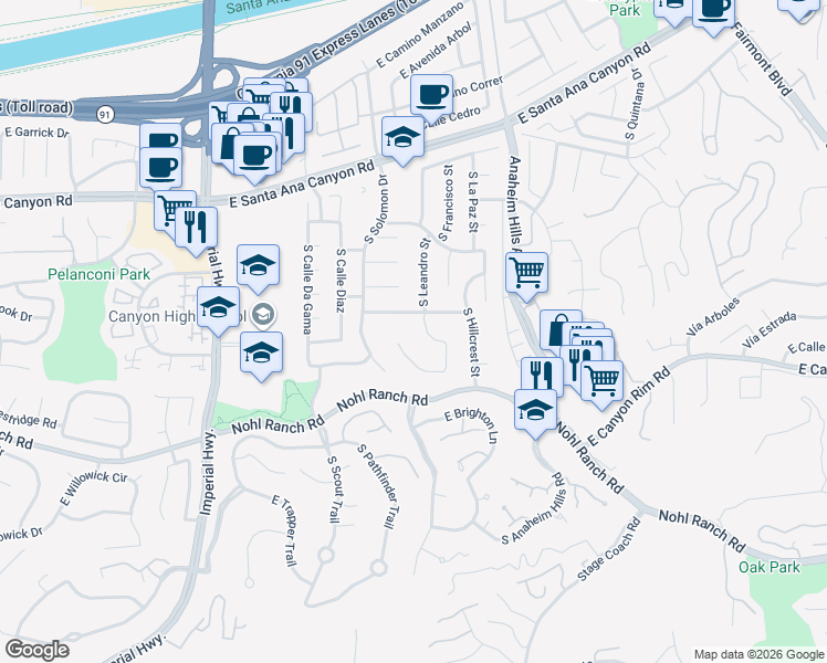map of restaurants, bars, coffee shops, grocery stores, and more near 265 South Leandro Street in Anaheim