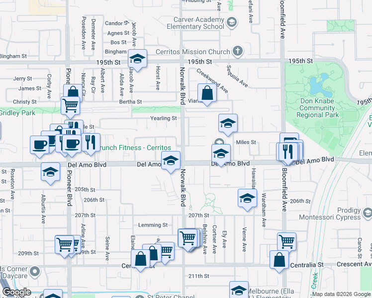 map of restaurants, bars, coffee shops, grocery stores, and more near 12202 Silva Place in Cerritos