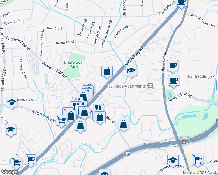 map of restaurants, bars, coffee shops, grocery stores, and more near 3500 Buford Highway Northeast in Atlanta