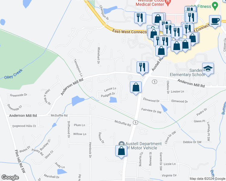 map of restaurants, bars, coffee shops, grocery stores, and more near 2053 Lenoa Lane in Austell