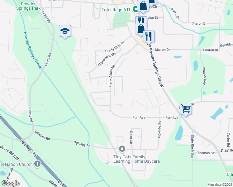 map of restaurants, bars, coffee shops, grocery stores, and more near 4382 Akins Ridge Lane in Powder Springs