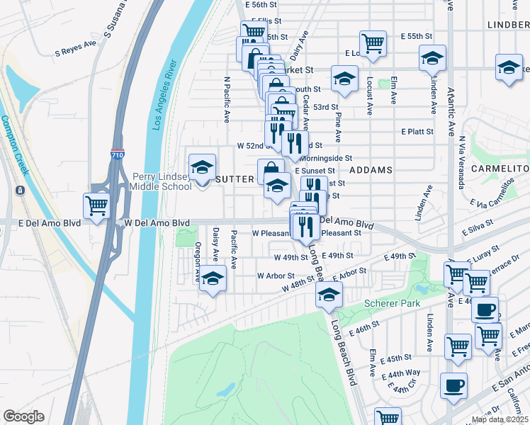 map of restaurants, bars, coffee shops, grocery stores, and more near 49 West Del Amo Boulevard in Long Beach