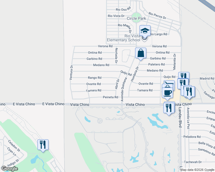 map of restaurants, bars, coffee shops, grocery stores, and more near 67370 Ovante Road in Cathedral City