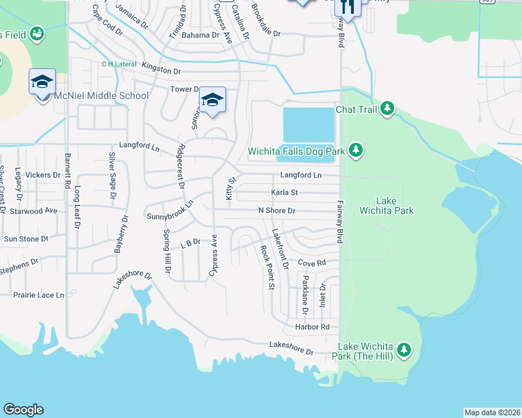 map of restaurants, bars, coffee shops, grocery stores, and more near 4704 North Shore Drive in Wichita Falls