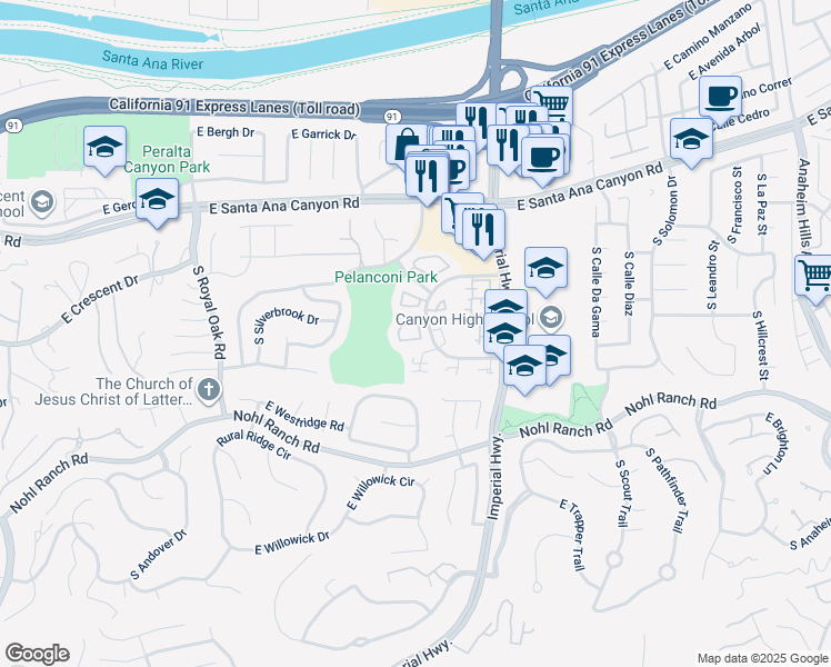 map of restaurants, bars, coffee shops, grocery stores, and more near 5507 East Vista Del Dia in Anaheim
