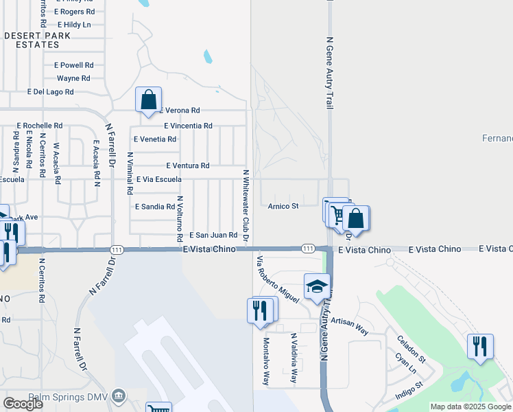 map of restaurants, bars, coffee shops, grocery stores, and more near 2001 Arnico Street in Palm Springs