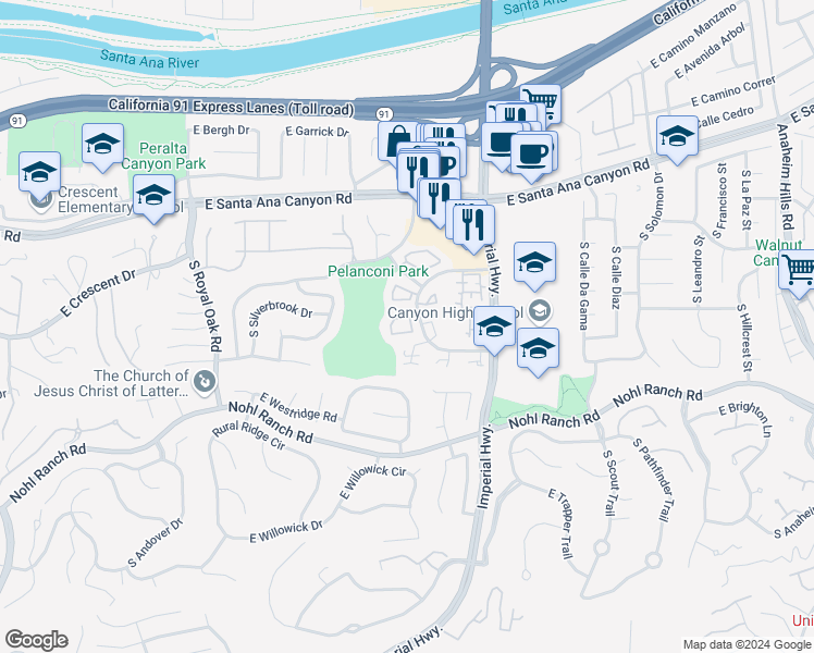 map of restaurants, bars, coffee shops, grocery stores, and more near 5507 East Vista Del Dia in Anaheim
