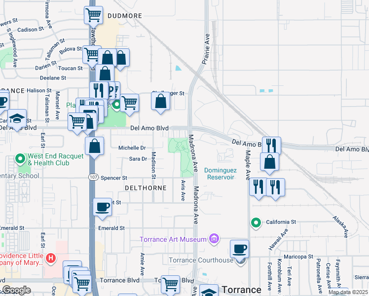 map of restaurants, bars, coffee shops, grocery stores, and more near 3401 Spencer Street in Torrance