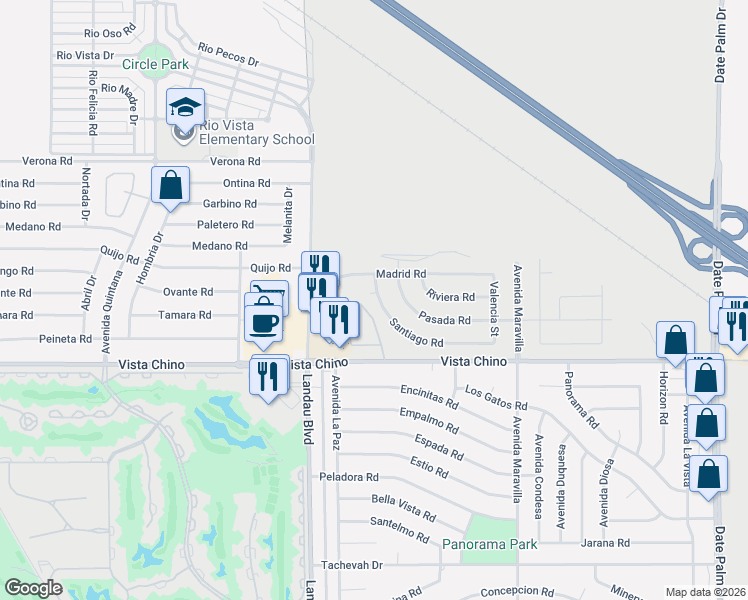 map of restaurants, bars, coffee shops, grocery stores, and more near 68189 Seville Court in Cathedral City