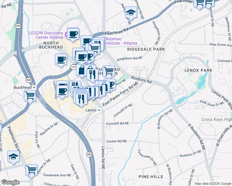 map of restaurants, bars, coffee shops, grocery stores, and more near 960 East Paces Ferry Road Northeast in Atlanta