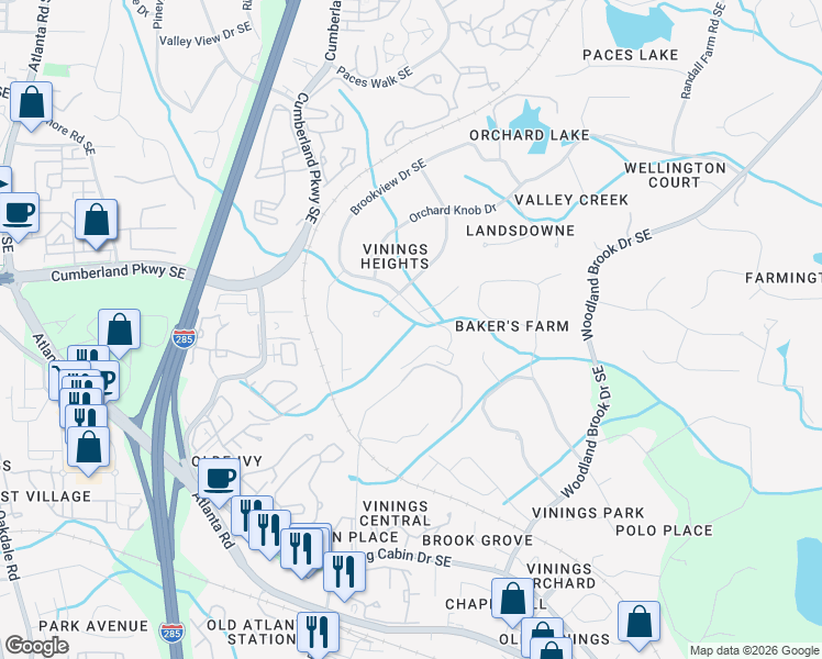 map of restaurants, bars, coffee shops, grocery stores, and more near 4355 Orchard Run Southeast in Atlanta