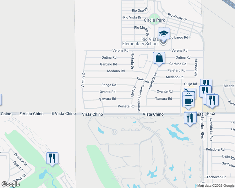 map of restaurants, bars, coffee shops, grocery stores, and more near 67355 Ovante Road in Cathedral City
