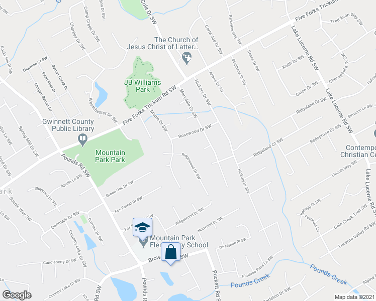 map of restaurants, bars, coffee shops, grocery stores, and more near 1358 Ridgewood Drive Southwest in Lilburn