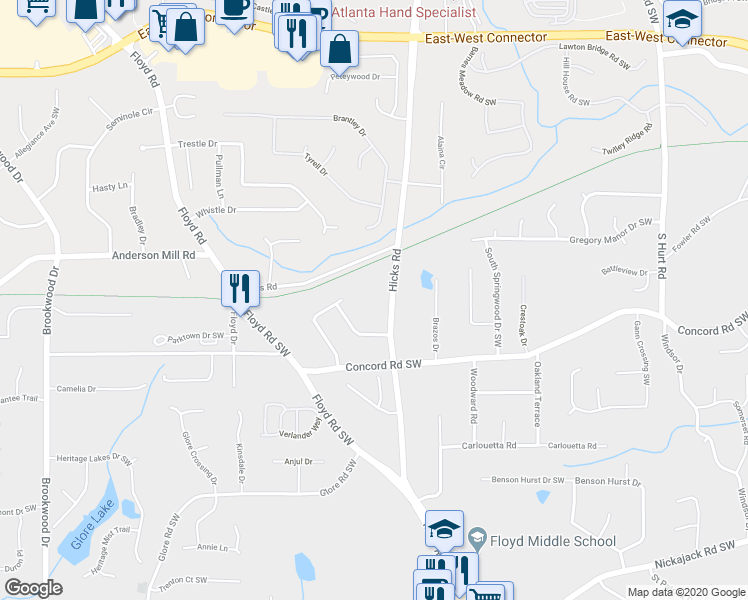 map of restaurants, bars, coffee shops, grocery stores, and more near 4420 Hicks Road in Mableton