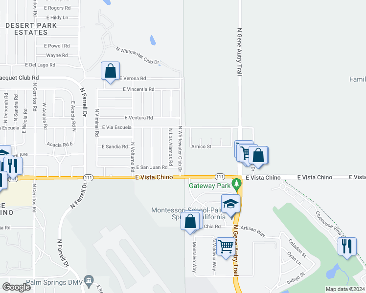 map of restaurants, bars, coffee shops, grocery stores, and more near 2030 North Whitewater Club Drive in Palm Springs