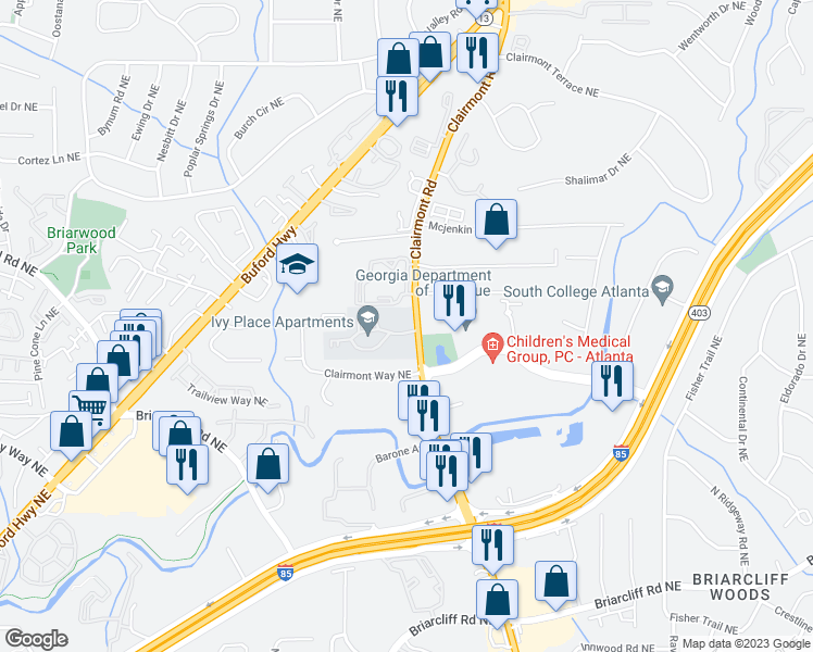 map of restaurants, bars, coffee shops, grocery stores, and more near 3056 Clairmont Road in Atlanta