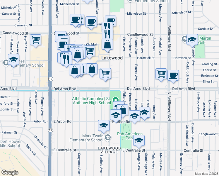 map of restaurants, bars, coffee shops, grocery stores, and more near Del Amo Boulevard & Clark Avenue in Lakewood