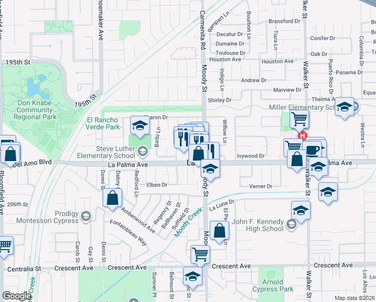 map of restaurants, bars, coffee shops, grocery stores, and more near 4943 La Palma Avenue in La Palma
