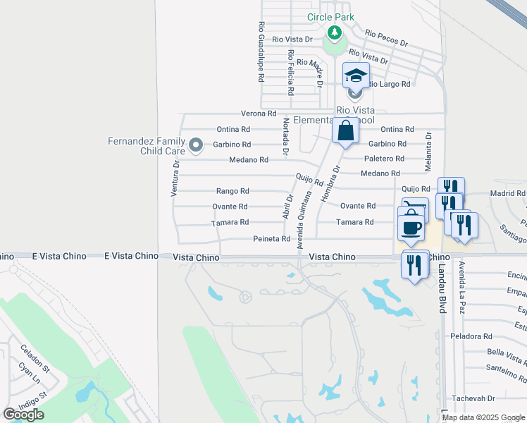 map of restaurants, bars, coffee shops, grocery stores, and more near 67385 Ovante Road in Cathedral City