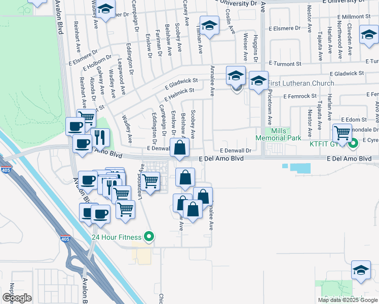 map of restaurants, bars, coffee shops, grocery stores, and more near 1038 East Denwall Drive in Carson
