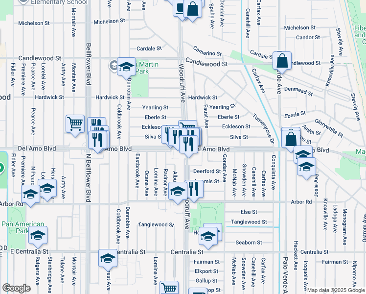 map of restaurants, bars, coffee shops, grocery stores, and more near in Lakewood