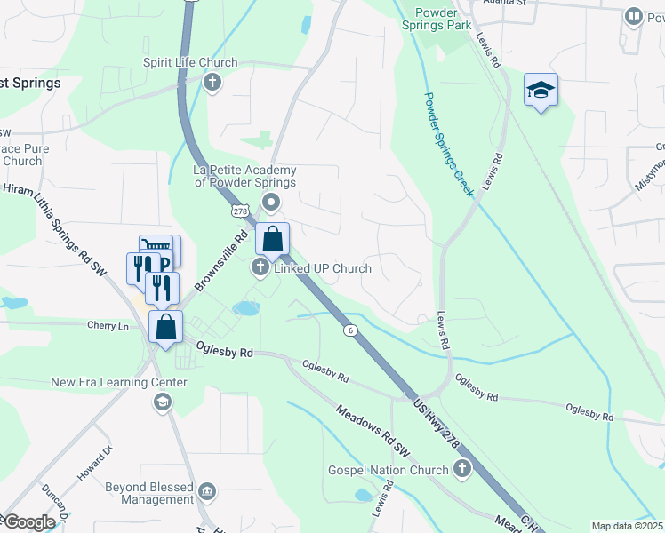 map of restaurants, bars, coffee shops, grocery stores, and more near 4435 Steeplechase Drive in Powder Springs