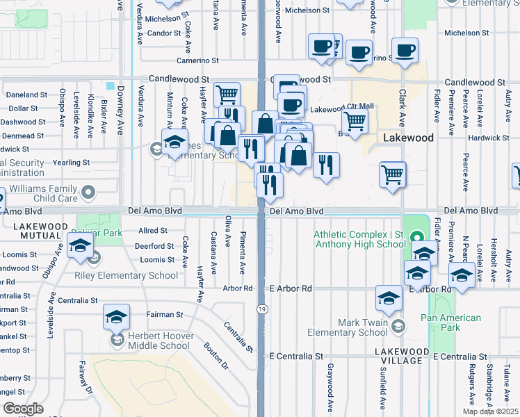 map of restaurants, bars, coffee shops, grocery stores, and more near Lakewood Blvd & Del Amo Blvd in Lakewood