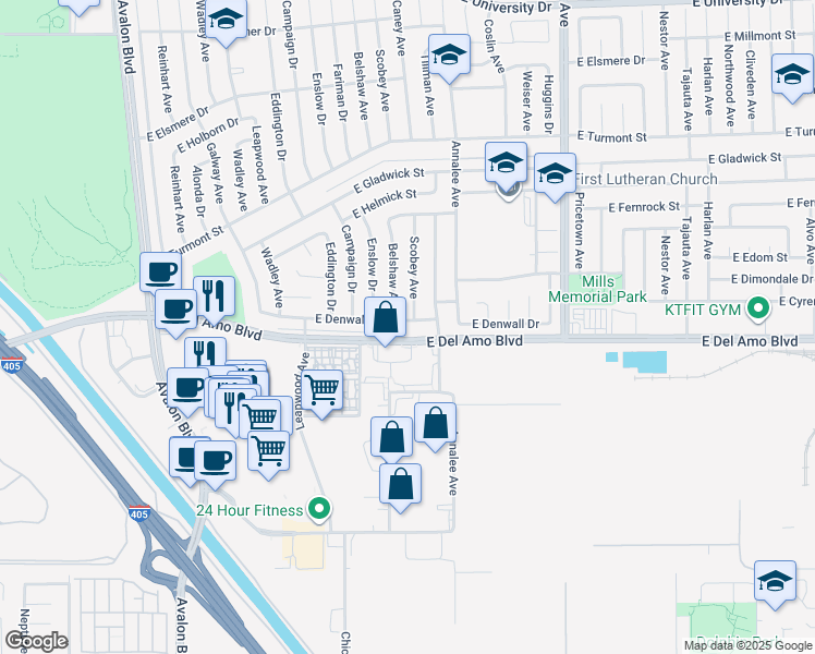 map of restaurants, bars, coffee shops, grocery stores, and more near 1038 East Denwall Drive in Carson