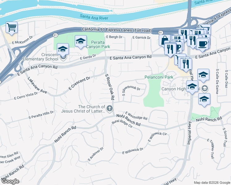 map of restaurants, bars, coffee shops, grocery stores, and more near 365 South Avenida Margarita in Anaheim