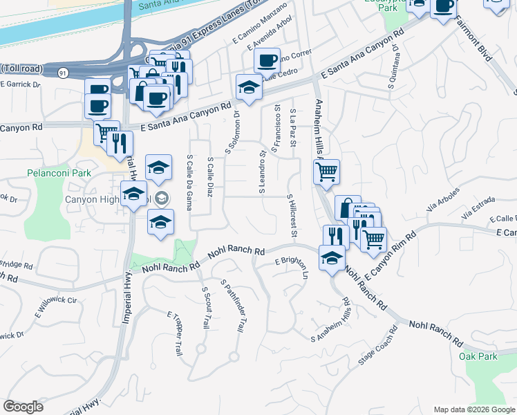 map of restaurants, bars, coffee shops, grocery stores, and more near 265 South Leandro Street in Anaheim